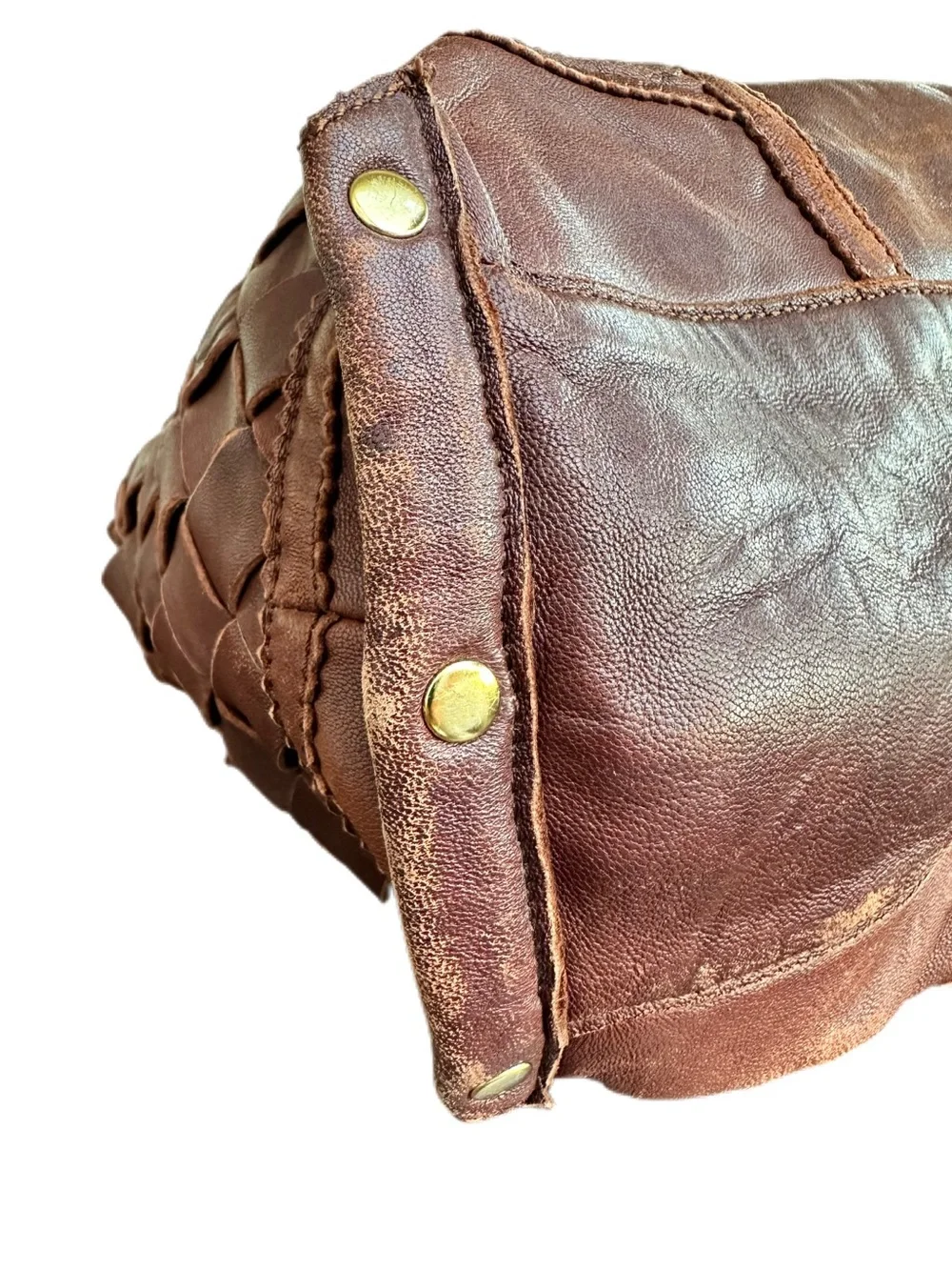 Vintage Bebe Burgundy Brown Leather Woven Boho Satchel Bag Y2K